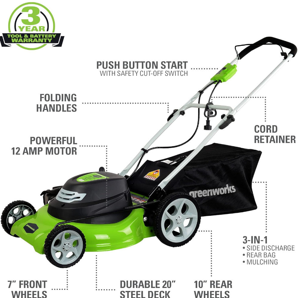 GREENWORKS 25022 Tondeuse à gazon filaire 12 A de 20 pouces