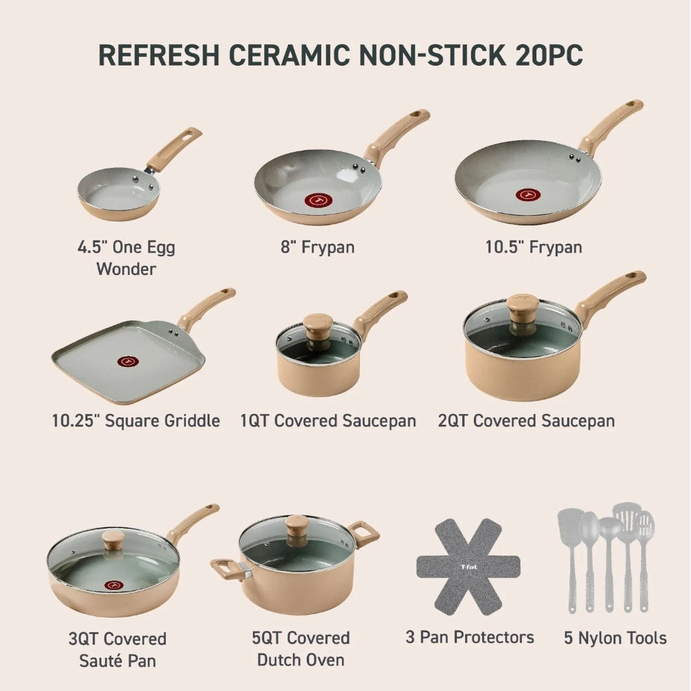 T-FAL C487SK64 Ceramic Refresh 20PC Cookware Set