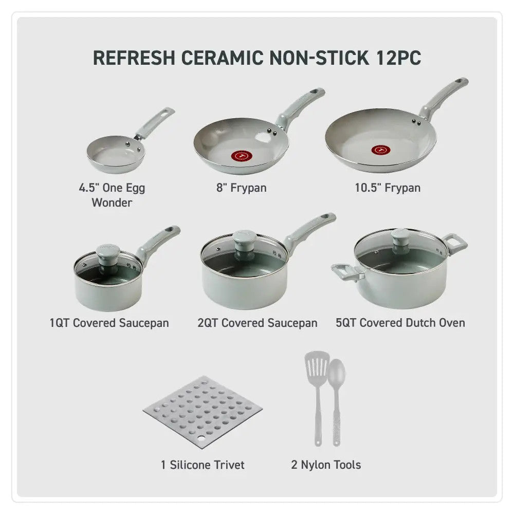 T-FAL C48SC84 Refresh Ceramic Non Stick 12 Piece Cookware Set