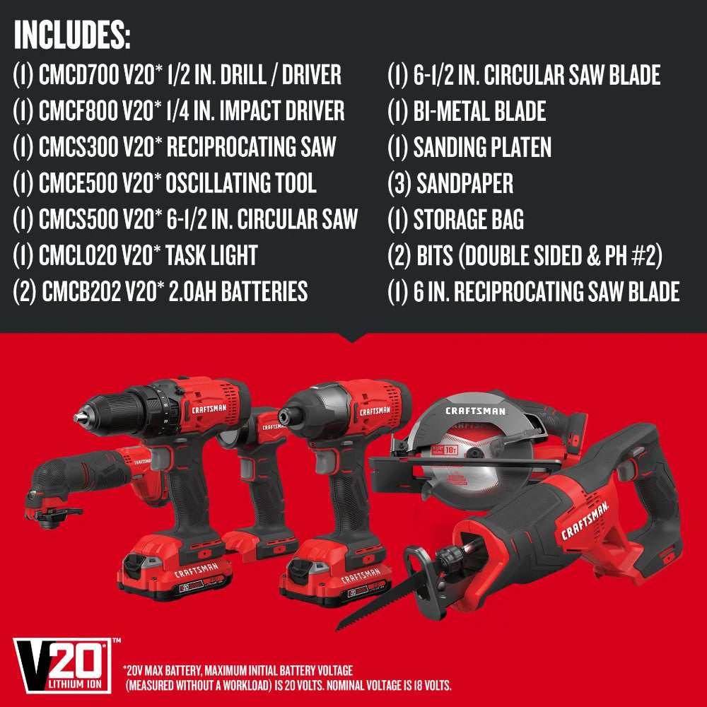 CRAFTSMAN CMCK600D2 V20* Cordless 6 Tool Combo Kit (2 Batteries) - Refurbished with Craftsman Warranty