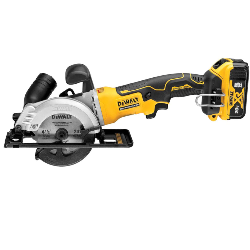 DEWALT Kit de scie circulaire compacte sans fil et sans balais au lithium-ion 20 V MAX ATOMIC de 4 1/2 pouces avec batterie de 5 Ah - Remis à neuf avec la garantie Dewalt - DCS571P1 
