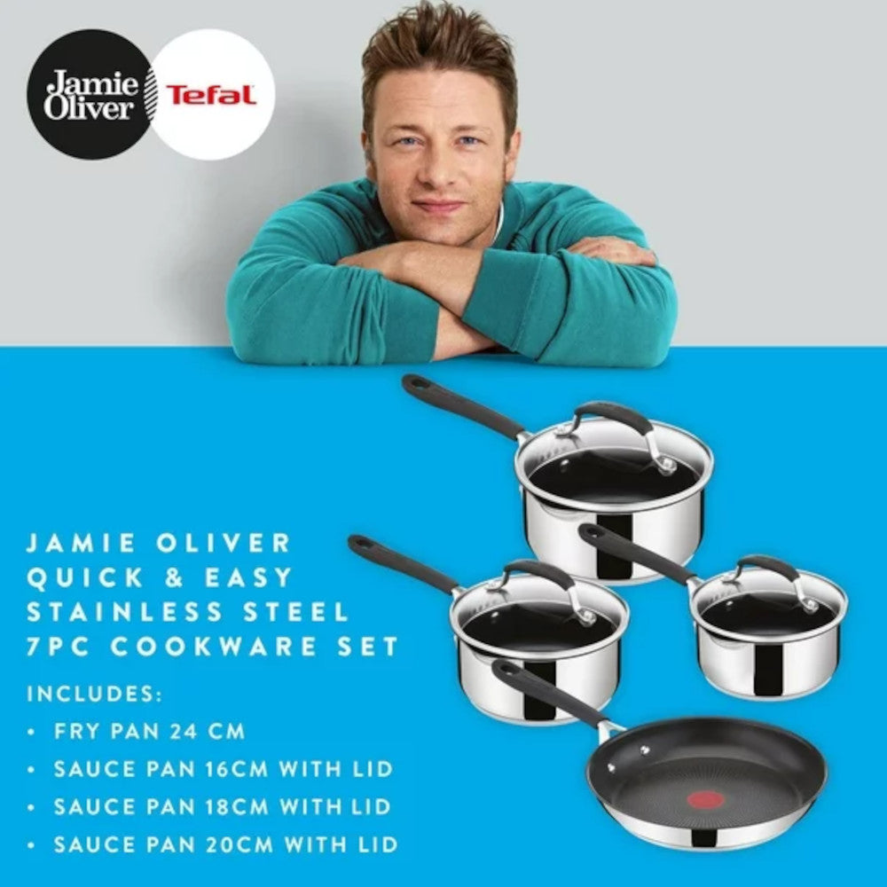T-FAL E303S774 Jamie Oliver Batterie de cuisine 7 pièces Quick &amp; Easy en acier inoxydable - Emballage imparfait avec garantie complète