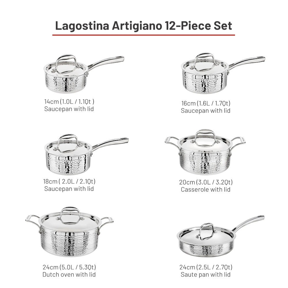 LAGOSTINA L996612612 Artigiano 12 PC 3 Ply Clad Hammered Stainless Steel Cookware Set