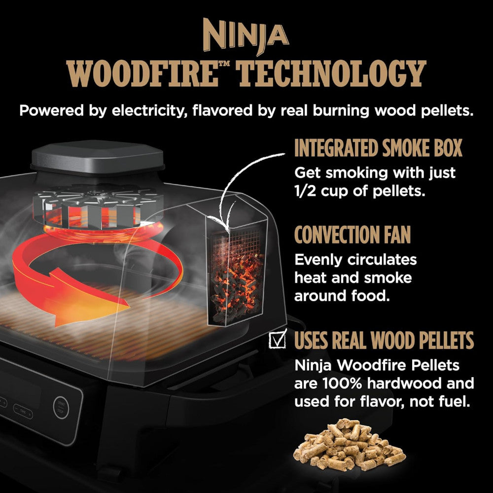 NINJA OG701 Woodfire Outdoor Grill, 7-in-1 Master Grill, BBQ Smoker - Factory serviced with Home Essentials warranty