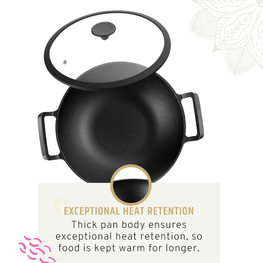 MAHARAJA T211K01 Cast Iron Karahi 26cm with Glass lid