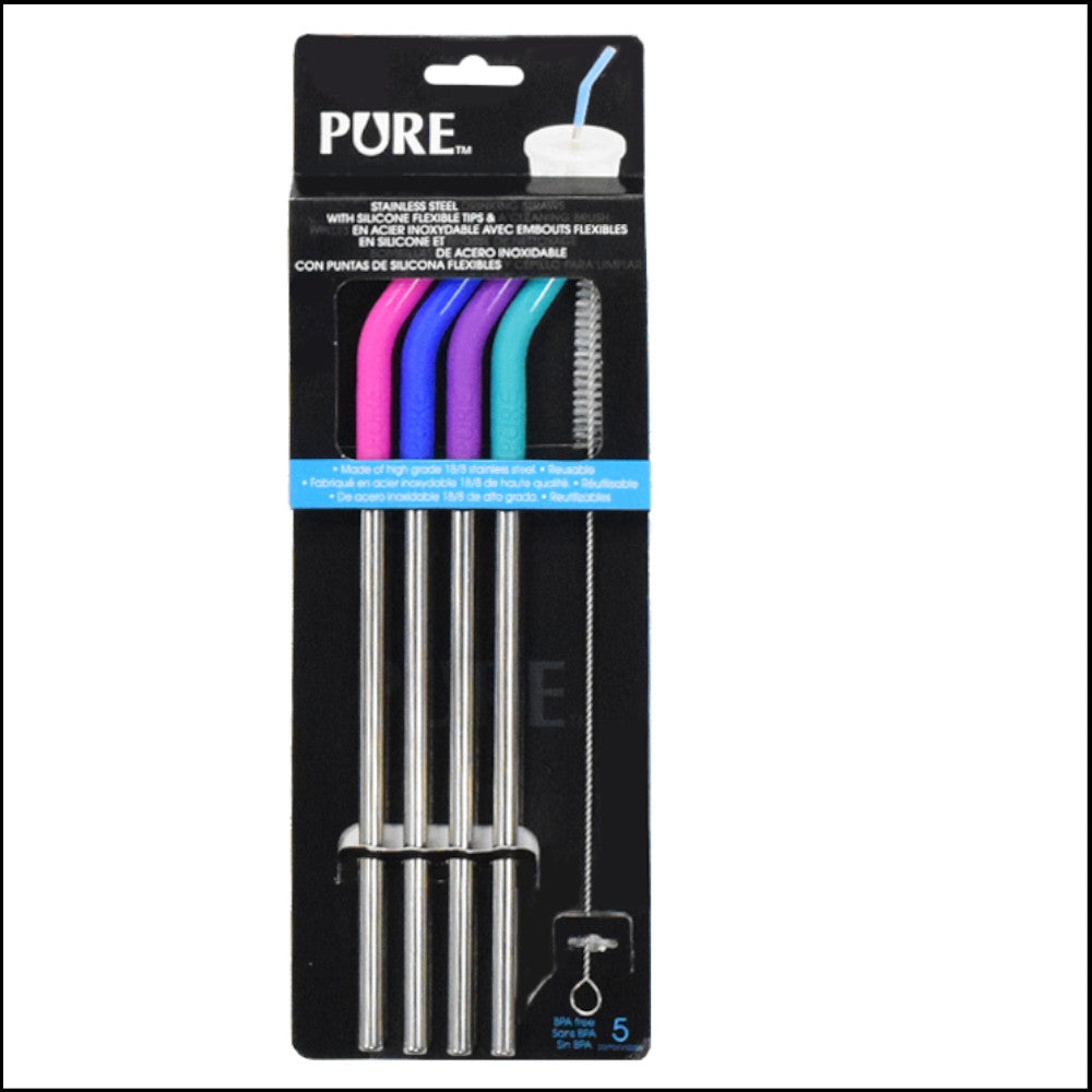 PURE Stainless Steel Straws with Silicone Tips (4 pack)- 70504