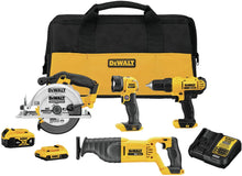 Charger l&#39;image dans la galerie, DEWALT Ensemble combiné perceuse, scie alternative, scie circulaire et lampe de travail 20 V - Remis à neuf avec garantie complète du fabricant - DCK445D1M1
