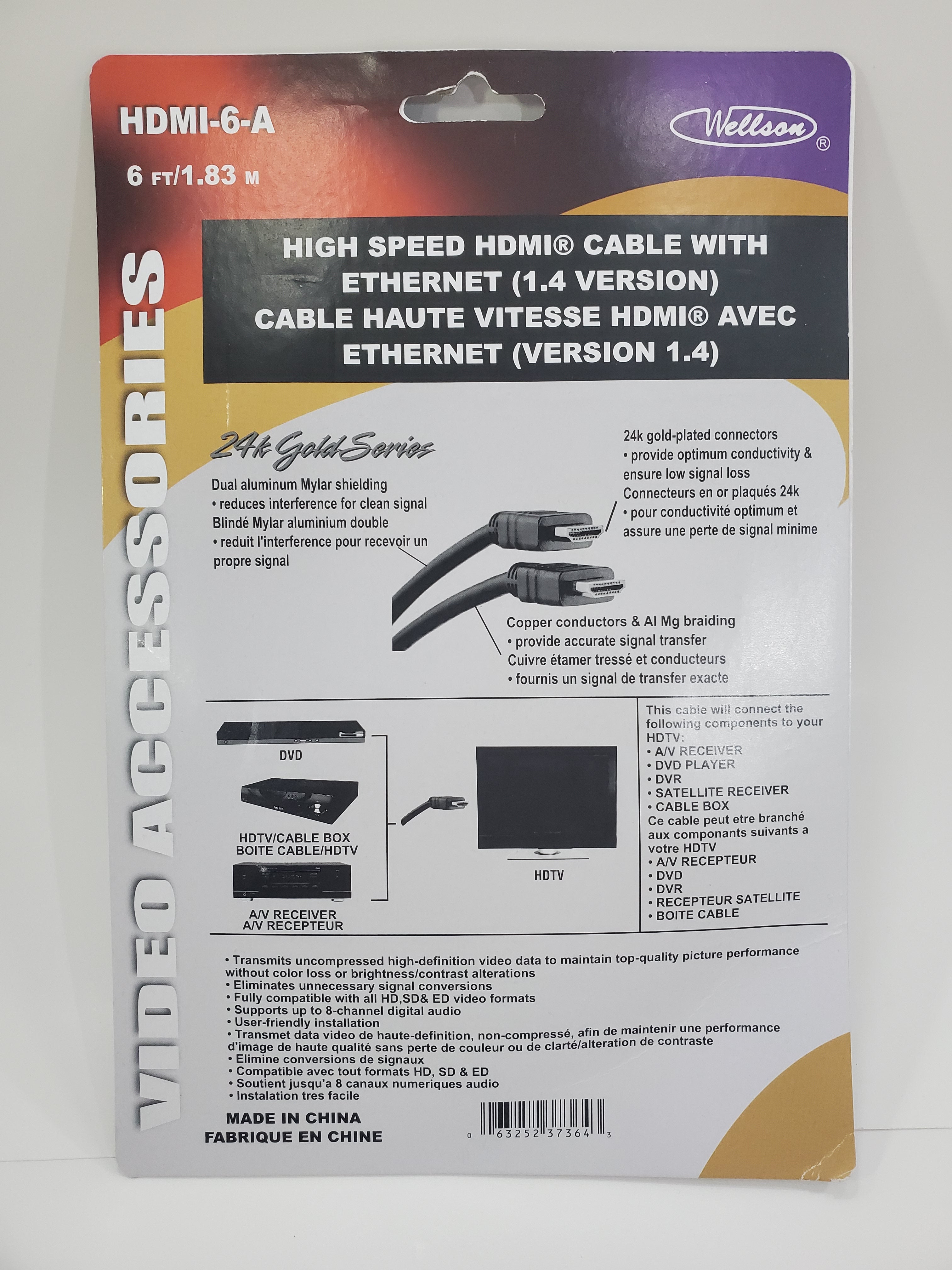 Câble HDMI WELLSON de 6 pieds - HDMI-6-A