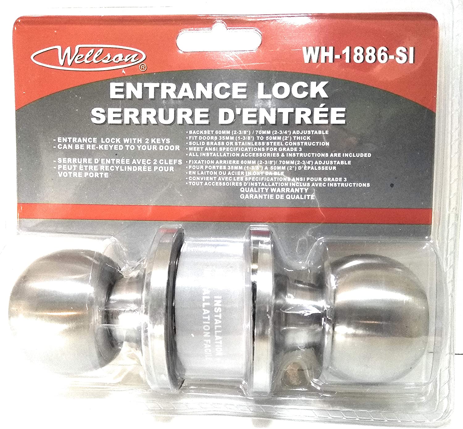 Serrure d'entrée WELLSON avec bouton et 3 clés (argent) - WH-1886SI