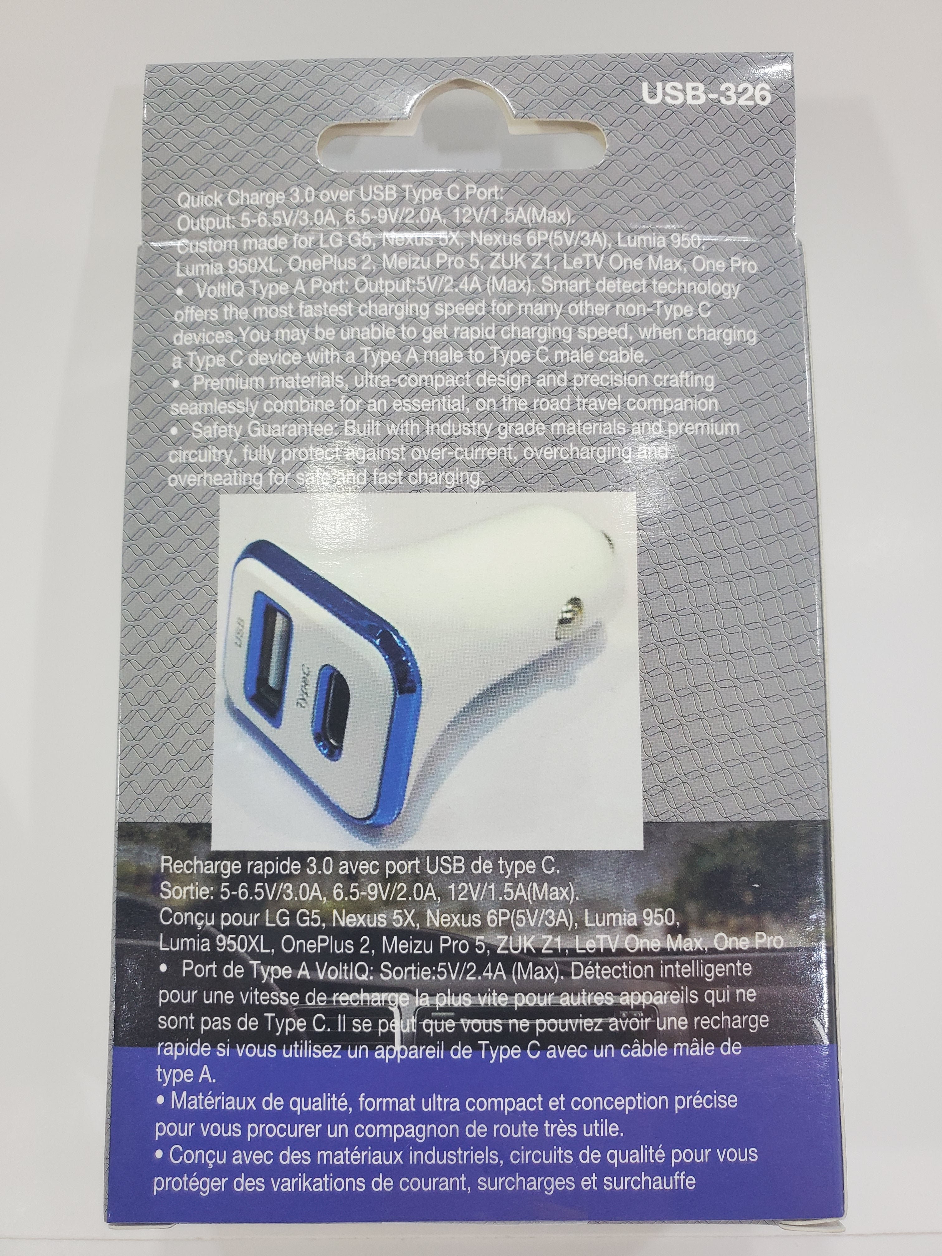 Chargeur de voiture WELLSON double USB et type C - USB-326